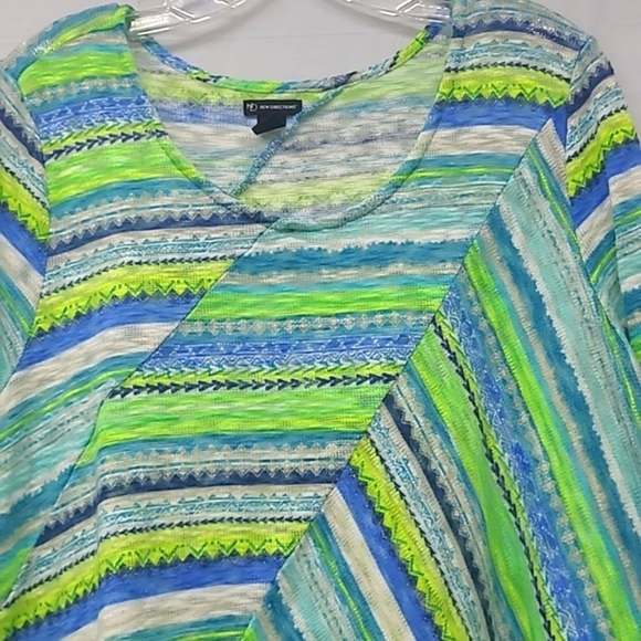 Tunic Top Patchwork Knit Blue Neon Green White Hankercheif Hem Elbow Sleeves - Picture 9 of 9